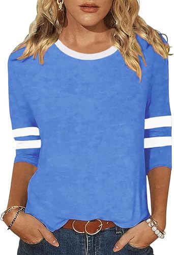 Shirt Damen 3/4 arm Rundhalsausschnitt Oberteile Basic Lässig Gestreifter Ärmel Tunika Tops Tshirt von FDKLOOK