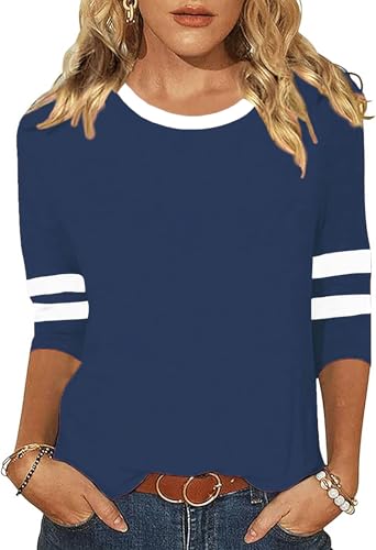 Shirt Damen 3/4 arm Rundhalsausschnitt Oberteile Basic Lässig Gestreifter Ärmel Tunika Tops Tshirt von FDKLOOK