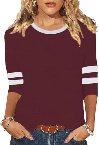 Shirt Damen 3/4 arm Rundhalsausschnitt Oberteile Basic Lässig Gestreifter Ärmel Tunika Tops Tshirt von FDKLOOK
