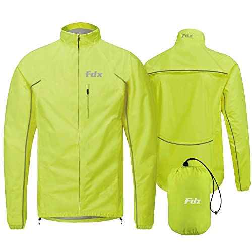 FDX Herren Radjacke - Wasserdicht Leichte Atmungsaktive Fahrrad Regen Trikot- Hohe Sichtbarkeit Volle Ärmel Reflektierende Tops - Winddichte Packaway Beutel Mantel für Laufen, Reiten von FDX