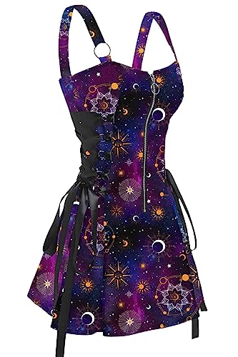 FEAPHY Damen Gothic Kleid Galaxy Sonne Stern Ärmellos Reißverschluss vorne Schnürung A-Linie Minikleid Rock, Galaxy-Violett, X-Groß von FEAPHY