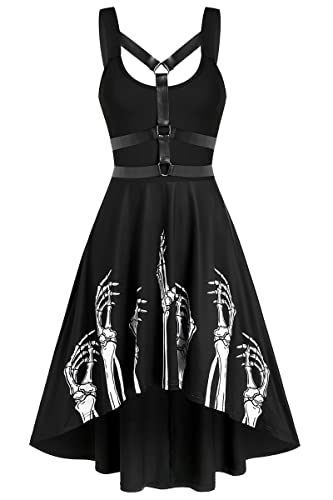 FEAPHY Damen Halloween Gothic Skelett Print Ärmellos A-Linie High Low Kleid, Skelett-schwarz, Mittel von FEAPHY