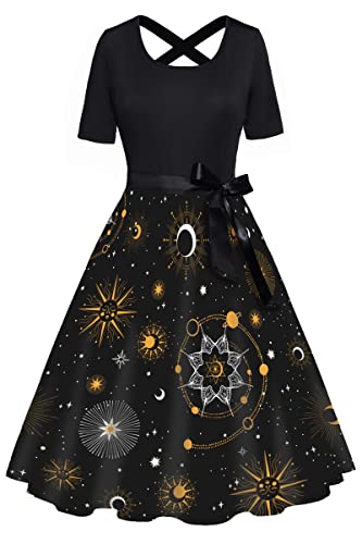 FEAPHY Damenkleid, Sonne, Mond, Sterne, Galaxie, kurzärmelig, hohe Taille, Gürtel, A-Linie, Midi-Kleid, Galaxy-Schwarz, Mittel von FEAPHY