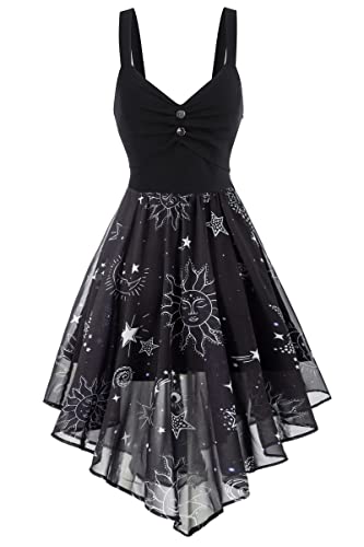 FEAPHY Damen Vintage Chiffon Sonne Mond Stern Ärmellos A-Linie High Low Kleid, Galaxy-Stern, Groß von FEAPHY