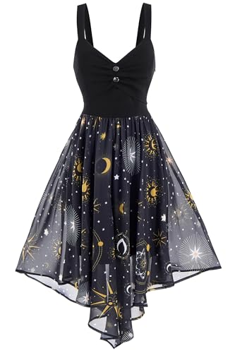 FEAPHY Damen Vintage Chiffon Sonne Mond Stern ärmellos A-Linie High Low Kleid, Galaxy-schwarz, Groß von FEAPHY