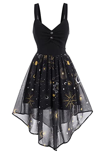 FEAPHY Damen Vintage Chiffon Sonne Mond Stern ärmellos A-Linie High Low Kleid, Galaxy-schwarz, X-Groß von FEAPHY