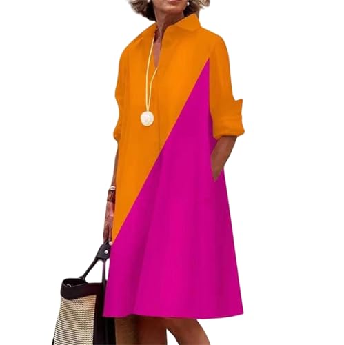 Damen Langarm Button Down Hemdkleid Baumwolle Leinen V-Ausschnitt Basic Lose mit Taschen Fit Casual Hemdkleider, C, Small von FEATEFACE