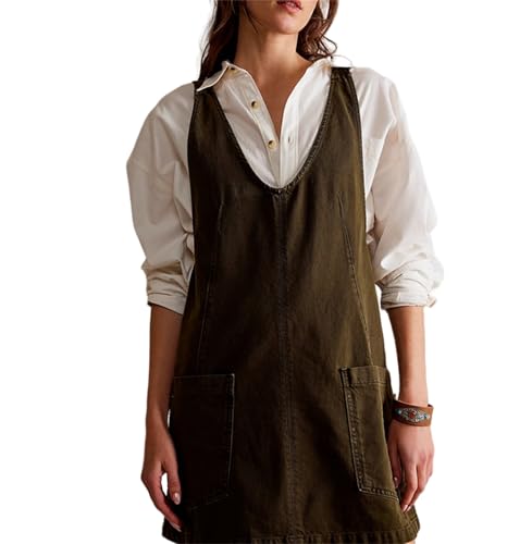 FEATEFACE Damen Ärmelloses Casual Jeanskleid V-Ausschnitt Vintage Lehrerkleider Mini Verstellbarer Riemen Pulloverkleid mit Taschen, dunkelgrün, L von FEATEFACE
