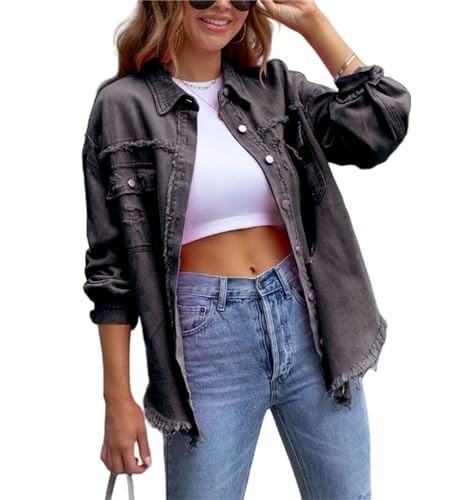 FEATEFACE Damen-Shacket mit Knopfleiste, ausgefranster Saum, lange Ärmel, Taschen, Denim-Jeansjacke mit Tasche, zerrissene Fransen, dunkelgrau, XXL von FEATEFACE