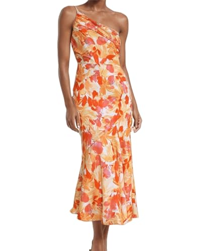 FEATEFACE Damen Sommer Midi Bodycon Kleider One Shoulder Ärmellos Gesmokt 2024 Sonnenkleid Gesmoktes Blumenmuster Maxikleid, Orange, S von FEATEFACE