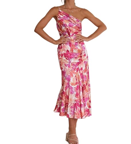 FEATEFACE Damen Sommer Midi Bodycon Kleider One Shoulder Ärmellos Gesmokt 2024 Sonnenkleid Gesmoktes Blumenmuster Maxikleid, rose, M von FEATEFACE