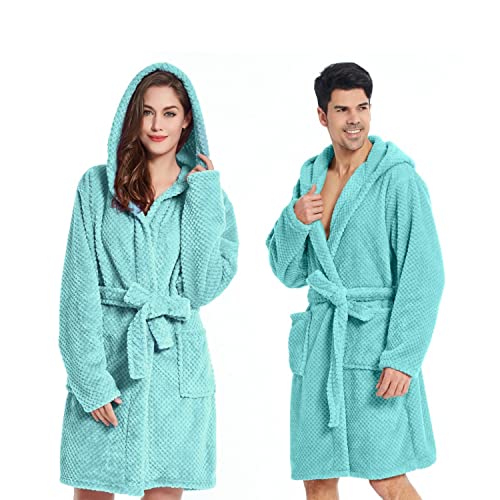 FEBE Bademantel unisex XL Türkis morgenmantel mitz kapuze waffelpique flaushig leicht mikrofaser lang damen herren saunamantel von FEBE