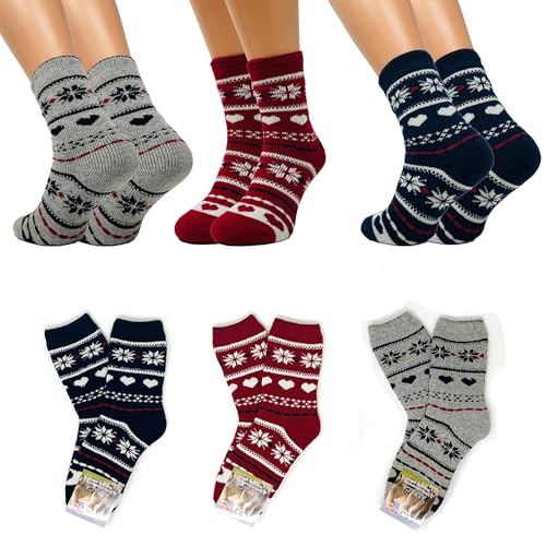FEBE 3 Paar Alpaka Socken 35-38 Schneeflocke Weihnachtenmotive Dick Flauschig Warm Alpakawolle Lustige Bunte Wollsocken Wintersocken von FEBE