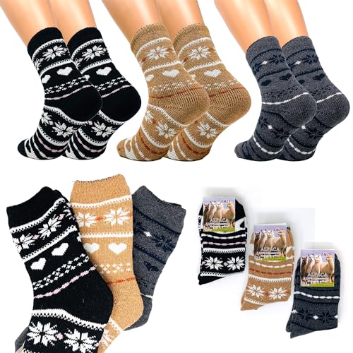 FEBE 3 Paar Alpaka Socken 35-38 Schneeflocke Weihnachtsmotive Dick Flauschig Warm Alpakawolle Lustige Bunte Wollsocken Wintersocken von FEBE