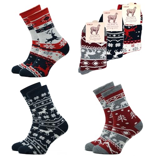 FEBE 3 Paar Alpaka Socken Dick Flauschig Warm Weihnachtsmotive Alpakawolle Lustige Bunte Wollsocken Wintersocken 35-38 von FEBE