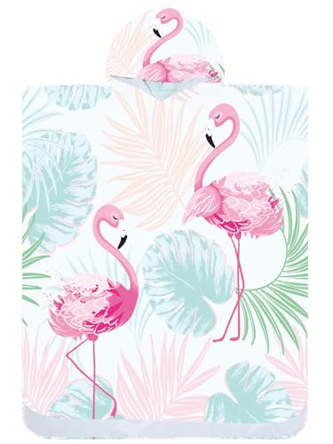 FEBE Badeponcho Bademantel mit Flamingos Muster Damen Herren 145x80 cm Badetuch mit Kapuze Surf Poncho Mikrofaser Kuschelig Schnelltrocken von FEBE