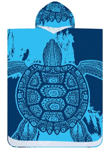 FEBE Badeponcho Bademantel mit Meeresschildkröte Muster Damen Herren 145x80 cm Badetuch mit Kapuze Surf Poncho Mikrofaser Kuschelig Schnelltrocken von FEBE