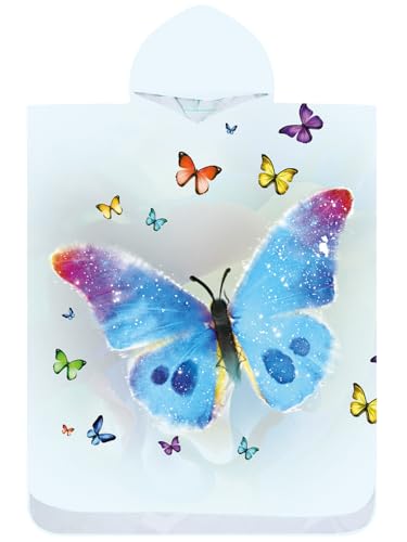 FEBE Badeponcho Bademantel mit Schmetterlinge Muster Damen Herren 145x80 cm Badetuch mit Kapuze Surf Poncho Mikrofaser Kuschelig Schnelltrocken von FEBE