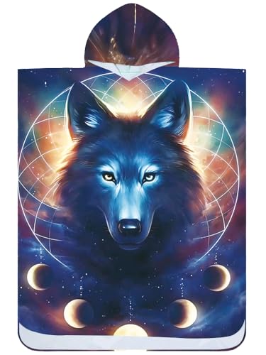 FEBE Badeponcho Bademantel mit Wolf Muster Damen Herren 145x80 cm Badetuch mit Kapuze Surf Poncho Mikrofaser Kuschelig Schnelltrocken von FEBE