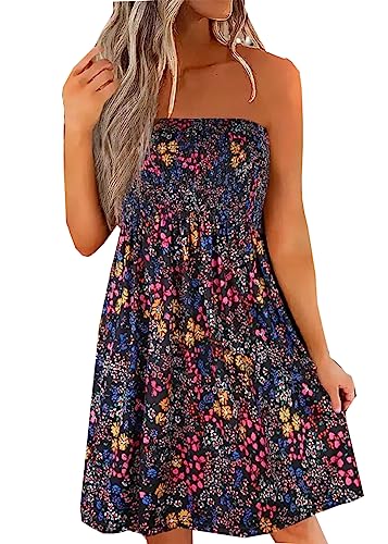 FECAFO Bandeau-Minikleid für Damen, gestreift, trägerlos, rückenfrei, Schlauch-Tankkleid, Strandkleid, kurzes Sommerkleid, Schwarz, Klein von FECAFO