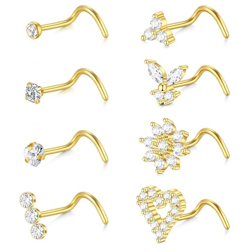 FECTAS 18g Gold Nasenstecker Ring Edelstahl Nasenstecker Diamant CZ Herz Schraube Nase Ringe für Frauen Korkenzieher Nase Nostril Piercing Schmuck 8pcs von FECTAS