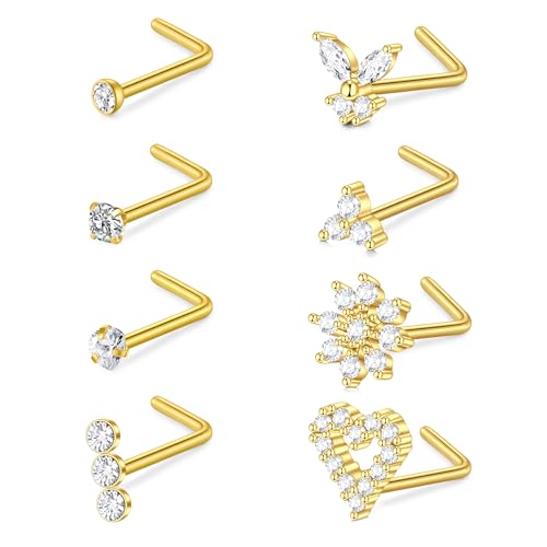 FECTAS 18g Gold Nose Stud Ring Edelstahl Nose Studs Diamond CZ Heart L Shape Nose Rings for Women Nostril Piercing Jewellery von FECTAS