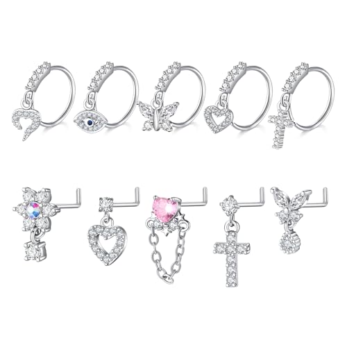FECTAS 18g Nasenpiercing Hängend 10mm Nose Ring Hypoallergene Edelstahl Anhänger Nasenpiercing Stecker 1.0mm Gauge 7mm L-förmiger Piercing Schmuck Diamant Herz Schmetterling Blume Silber von FECTAS