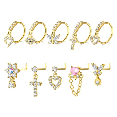 FECTAS 18g Nasenpiercing Hängend 10mm Nose Ring Hypoallergene Edelstahl Anhänger Nasenpiercing Stecker 1.0mm Gauge 7mm L-förmiger Piercing Schmuck Diamant Herz Schmetterling Gold von FECTAS
