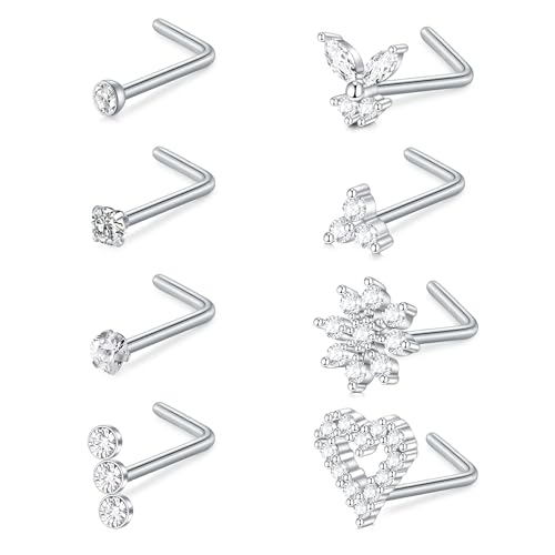 FECTAS 18g Nasenstecker Ring Edelstahl Nasenstecker Diamant CZ Herz L-förmige Nase Ringe für Frauen Nasenloch Piercing Schmuck von FECTAS