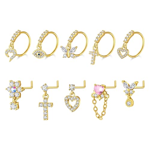 FECTAS 20g Nasenpiercing Hängend 10mm Nose Ring Hypoallergene Edelstahl Anhänger Nasenpiercing Stecker 0.8mm Gauge 7mm L-förmiger Piercing Schmuck Herz Schmetterling Blume Gold von FECTAS