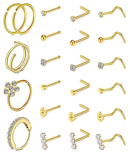 FECTAS 23 Stück Nasenringe für Frauen Nasenbein L-förmige Nasenstecker Schraube 20G Edelstahl Nasenring Piercing Schmuck Set Nasenbügel Ringe Gold von FECTAS