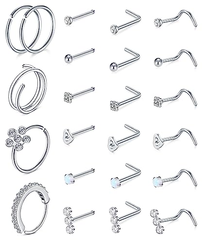 FECTAS 23stk Nase Ringe für Frauen Nase Knochen L-förmige Nase Bolzen Schraube 20G Edelstahl Nase Ring Piercing Schmuck Set Nase Hoop Ringe Silber von FECTAS