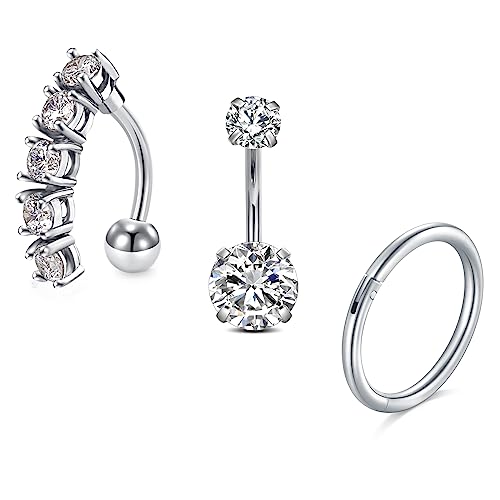 FECTAS 3er Bauchnabelpiercing 10mm Bauchpiercing Clicker 14G Chirurgenstahl Silber Piercing Bauchnabel Ring Damen Schmuck von FECTAS
