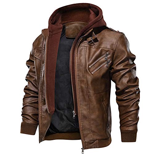 FEDTOSING Lederjacke Herren Kunstlederjacke Abnehmbarer Kapuze Cargojacke Winterjacke Slim Fit(Brown B XL) von FEDTOSING