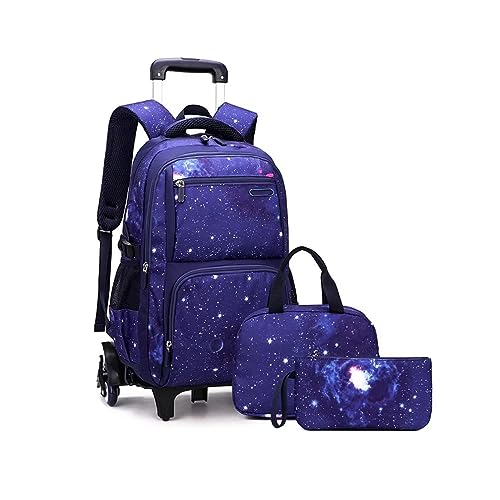 FEEIMOL Schulrucksack Jungen Teenager Trolley Schulranzen Jungen Schultasche Koffer Rucksack mit Rollen, 3-teiliges Schultaschen-Sets mit Lunch Tasche und Federmäppchen (Dunkelblauer Sternenhimmel) von FEEIMOL