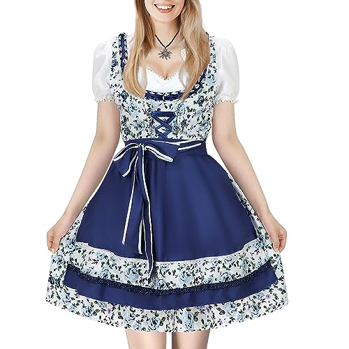 FEELJAM Dirndl Damen Midi, Trachtenkleid Dirndl Damen 3 Teilig, Blau Dirndl for Oktoberfest mit Dezentes Blümchenmuster (36,Blau) von FEELJAM