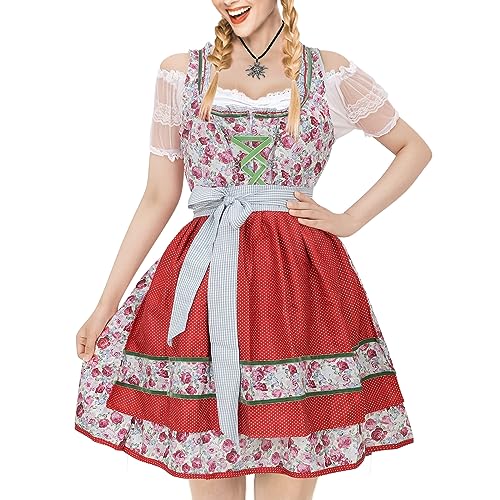 FEELJAM Dirndl Damen Midi, Trachtenkleid Dirndl Damen 3 Teilig, Rot Dirndl for Oktoberfest mit Dezentes Blümchenmuster (36,Rot) von FEELJAM