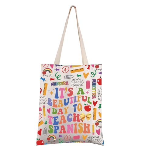 FEELMEM Coquette Bow Spanish Teacher Gift Teacher Bag It's A Beautiful Day To Teach Spanish Tote Bag Spanish Education Gift﻿ von FEELMEM