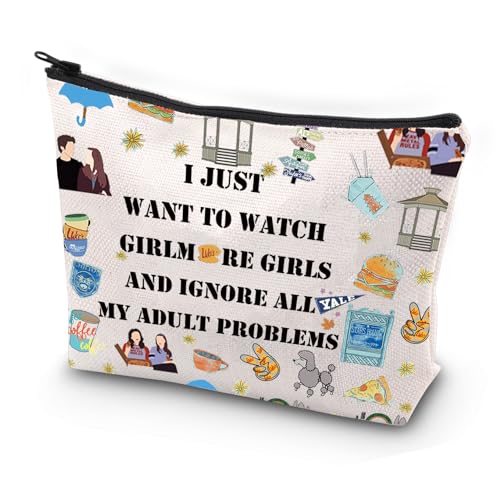 FEELMEM Gilmore inspirierte Make-up-Tasche "I Just Want to Watch TV-Show", Geschenk, Kosmetiktasche, Lorelai Rory Gilmore Fan, Geschenk für Frauen, beige, Einheitsgröße, Make-up-Tasche von FEELMEM