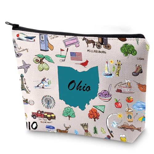 FEELMEM Ohio Staatskarte Reißverschlusstasche Make-up-Tasche Ohio Lovers Geschenk Ohio State Long Distance Relationships Kosmetiktasche Geschenk, Beige, ONE SIDE, modisch von FEELMEM