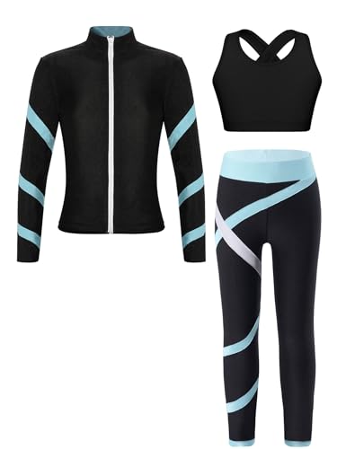 FEESHOW 3-Teiliges Kinder Trainingsanzug Mädchen Sport BH Leggings Und Slim Fit Sweatjacke Eislaufen Yoga Outfit Workout Set Schwarz&Hellblau 158-164 von FEESHOW
