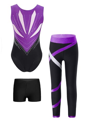 FEESHOW 4er Mädchen Gymnastikanzug Mit Hose Ärmelloser Farbblock Trikot Leggings Shorts Und Haargummi Set Kinder Turnen Tanzkleidung A_Lila&Schwarz 122-128 von FEESHOW