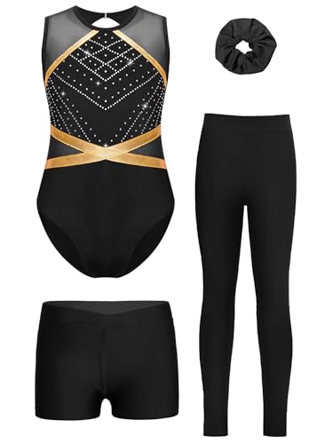FEESHOW 4er Mädchen Gymnastikanzug Mit Hose Ärmelloser Farbblock Trikot Leggings Shorts Und Haargummi Set Kinder Turnen Tanzkleidung B_Schwarz 146-152 von FEESHOW