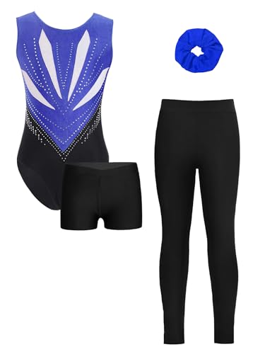 FEESHOW 4er Mädchen Gymnastikanzug Mit Hose Ärmelloser Farbblock Trikot Leggings Shorts Und Haargummi Set Kinder Turnen Tanzkleidung A_Blau&Schwarz 146-152 von FEESHOW
