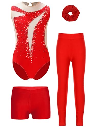 FEESHOW 4er Mädchen Gymnastikanzug Mit Hose Ärmelloser Farbblock Trikot Leggings Shorts Und Haargummi Set Kinder Turnen Tanzkleidung C_Rot 110-116 von FEESHOW