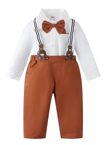 FEESHOW 4tlg Kinder Baby Jungen Festlicher Anzug Gentleman Suit Hemd Hose Hosenträger Fliege Hochzeit Taufe Formelle Bekleidungssets Neu_K_Braun 98-104 von FEESHOW