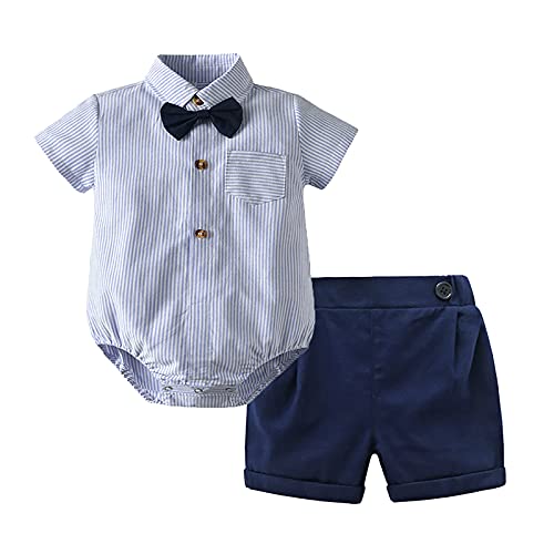FEESHOW Kinder Baby Jungen Anzug Gentleman Formale Sommer Outfits Kurzarm Ärmeln Fliege Hemd Body Shorts Sets Himmelblau 68-74 von FEESHOW