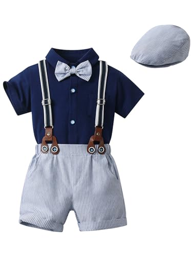 FEESHOW Baby Jungen Anzug Sommer Festlich Fliege Kurzarm Hemdbody Mit Hosenträger Shorts Hut 3er Set Gr. 62-92 Blau 80-86 von FEESHOW