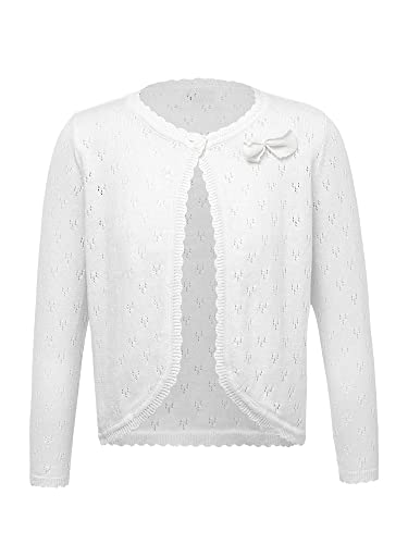 FEESHOW Baby Kinder Mädchen Bolero Jacke Langarm/Kurzarm Gestrickte Cardigan Kurz mit Perlen Knopf Festlich Hochzeit Top Gr.86-140 Bowknot&Weiß_L 134-140/9-10 Jahre von FEESHOW