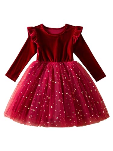 FEESHOW Baby Mädchen Langarm Kleid Weihnachten Festlich Samt Spitze Prinzessin Kleid A-Linie mit Bowknot Party Festzug Festtagskleid Winter Warm Neu_H_Rot 104-110 von FEESHOW